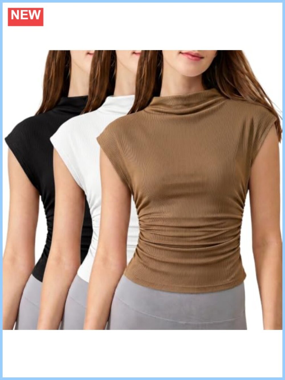 Ribbed Mock Neck Ruched Side Cap Sleeve Fitted Business Casual Top
